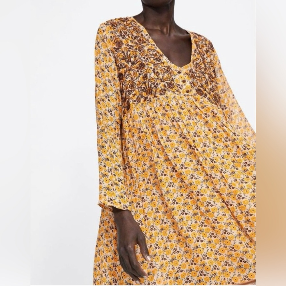 ZARA Floral Embroidered Long Sleeve Mini Dress Mustard Yellow - XS - Picture 3 of 16